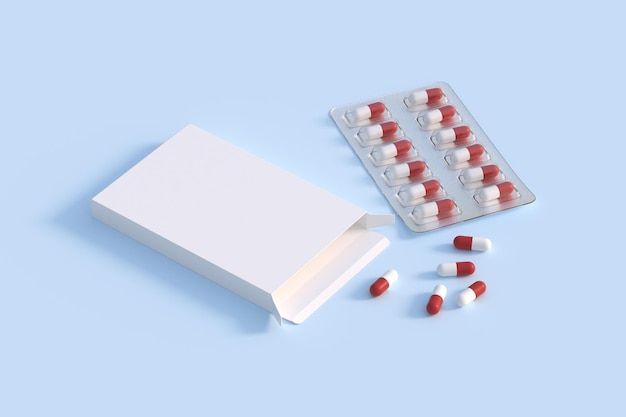 Fechar a bolha do pacote com pílulas redondas de medicamentos renderização em 3d