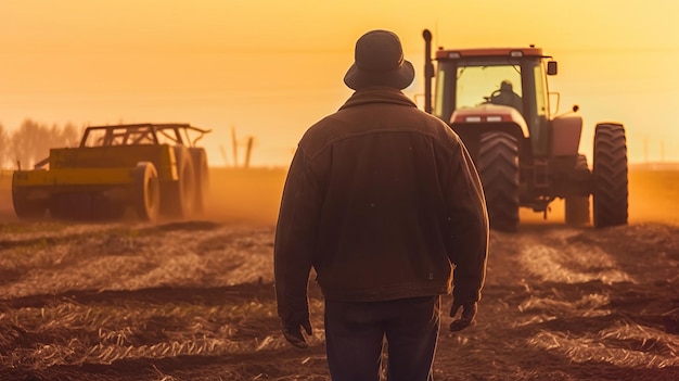 Foto fechar a parte de trás do agricultor olhando para o carro-máquina trabalhando na fazenda ouro nascer do sol