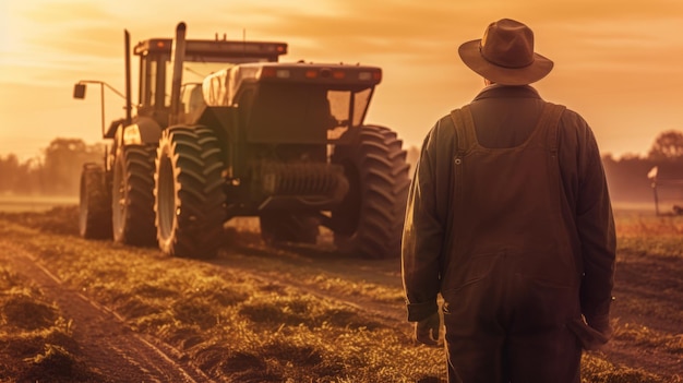 Foto fechar a parte de trás do agricultor olhando para o carro-máquina trabalhando na fazenda ouro nascer do sol