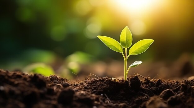 Fechar a planta jovem à luz do sol pela manhã A planta em crescimento cresce a partir do solo no parque