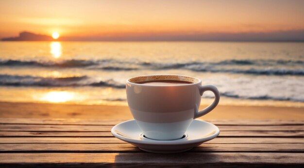 Fechar a xícara de café na mesa de madeira ao pôr-do-sol ou ao nascer do sol na praia