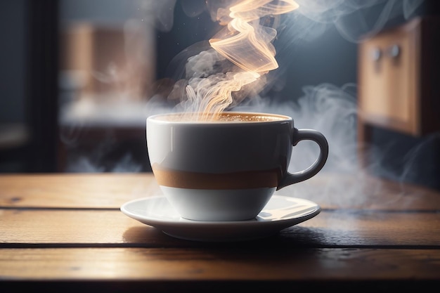 fechar a xícara de café na mesa de madeira, vapor subindo