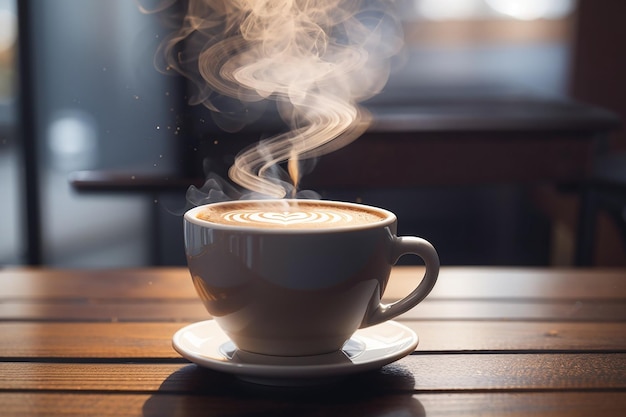 fechar a xícara de café na mesa de madeira, vapor subindo