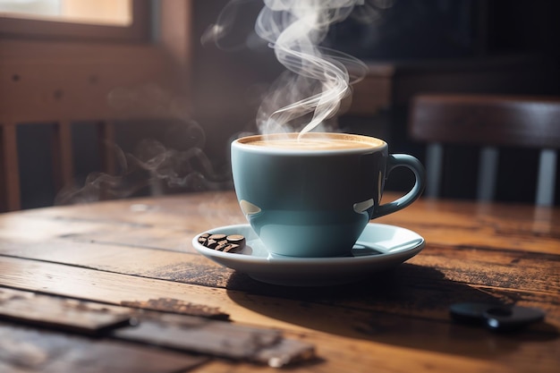 fechar a xícara de café na mesa de madeira, vapor subindo