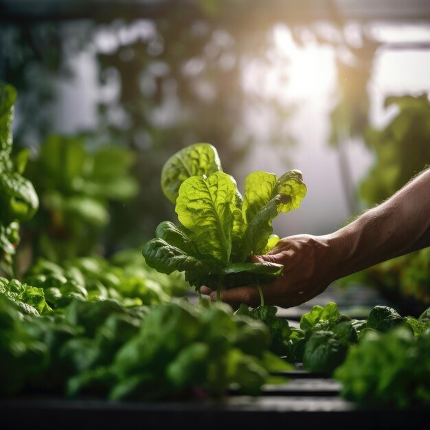 Fechar as mãos do agricultor no jardim hidropônico durante a manhã Generative AI