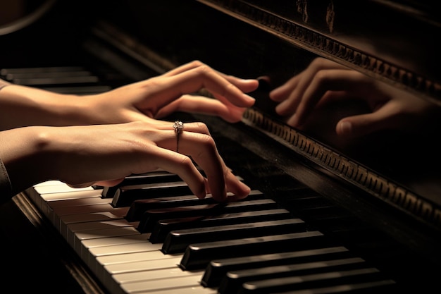 Fechar as mãos femininas tocando nas teclas do piano com IA gerada