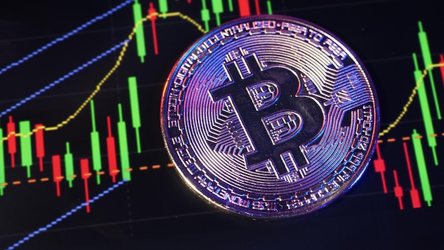 Fechar bitcoin e barra de gráfico do mercado de ações digital em preto