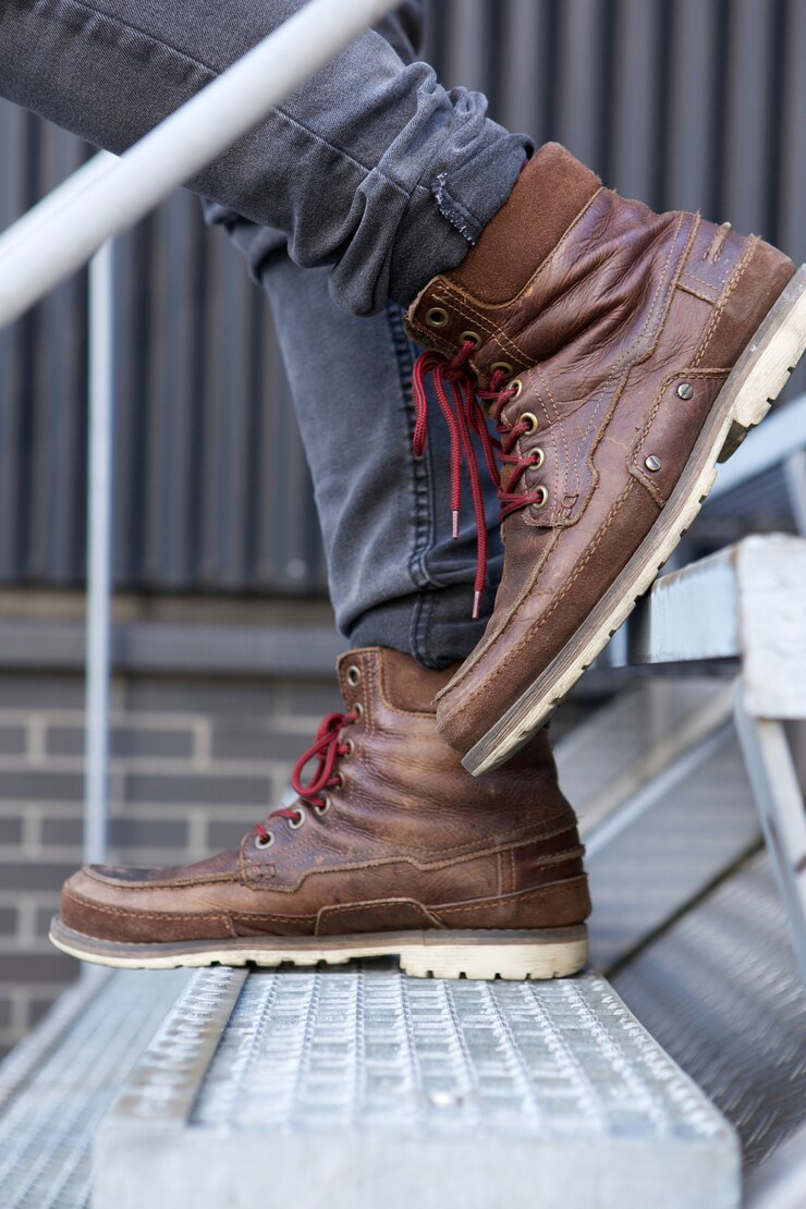 Foto fechar botas de couro masculinas