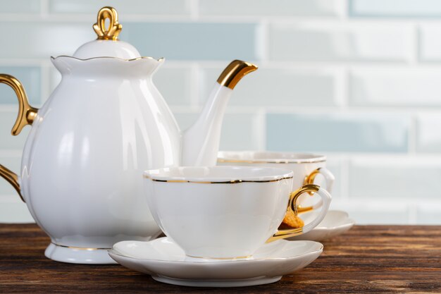 Fechar foto de louça de porcelana para chá