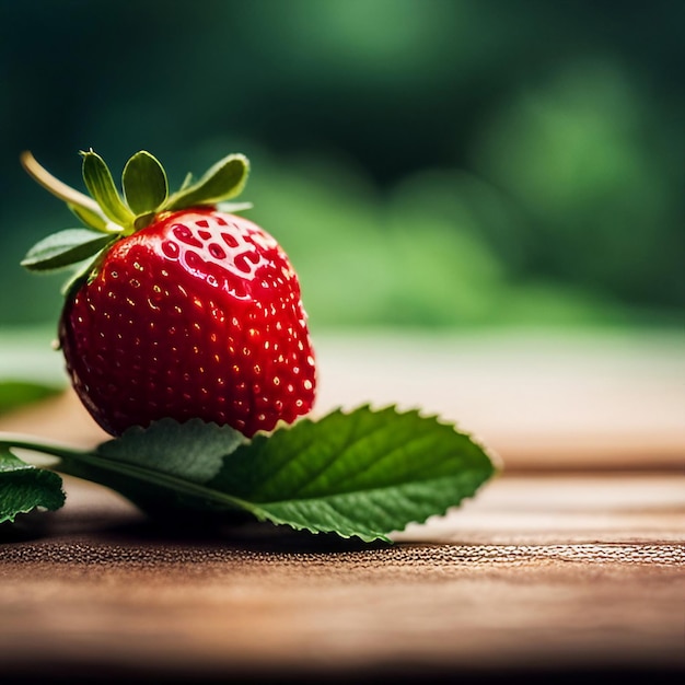 Fechar morango com folha na mesa de madeira criada com tecnologia generativa de IA