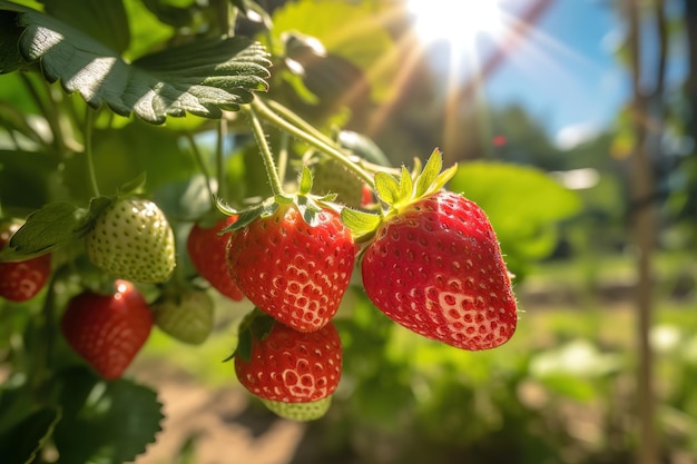 fechar morango fresco na árvore em dia ensolarado