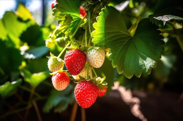 fechar morango fresco na árvore em dia ensolarado