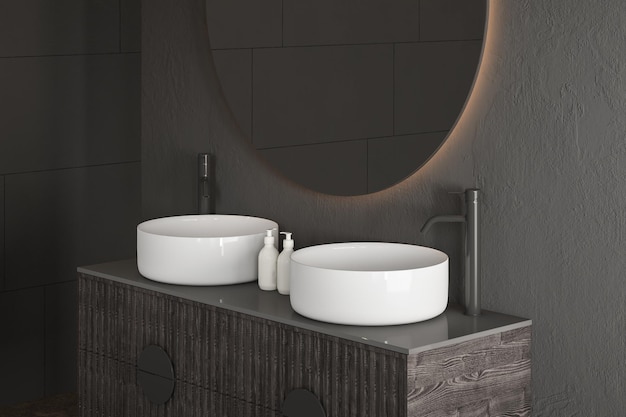 Fechar móveis de banheiro pretos modernos com pia branca dupla e bancada preta. Renderização em 3d