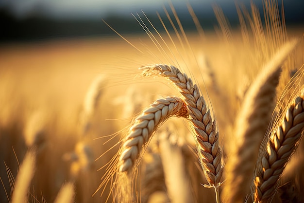 Fechar o campo de espigas de trigo em um período de colheita de um dia de verão