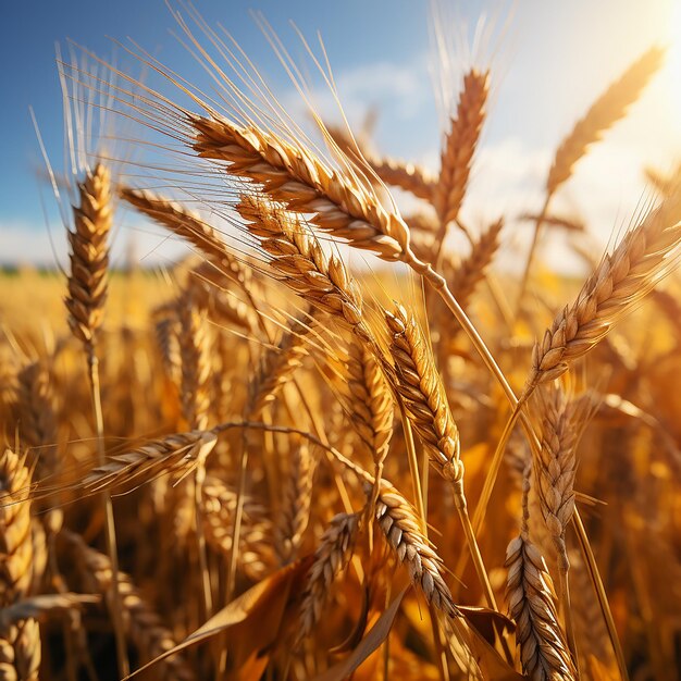 Fechar o campo de espigas de trigo em um período de colheita de um dia de verão