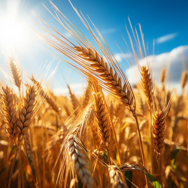 Fechar o campo de espigas de trigo em um período de colheita de um dia de verão