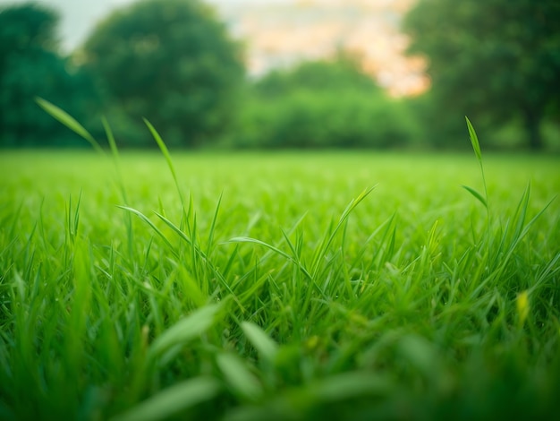 Fechar o campo de grama verde com desfocar o fundo do parque