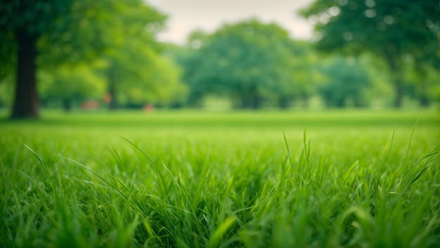 Fechar o campo de grama verde com desfocar o fundo do parque