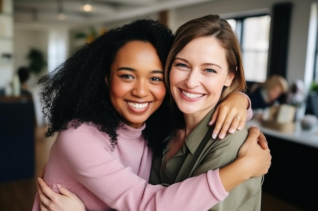 Foto fechar o retrato de mulheres multiétnicas sorridentes, amigas, abraço, posando no escritório juntas, felizes, diversas colegas étnicas, colegas de trabalho, mostram amizade no local de trabalho, unidade e apoio no trabalho