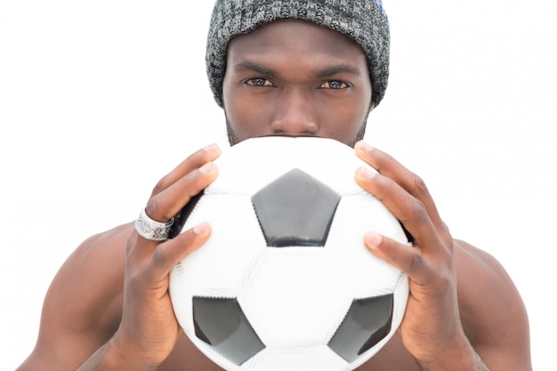 Fechar o retrato de um fã de futebol sério