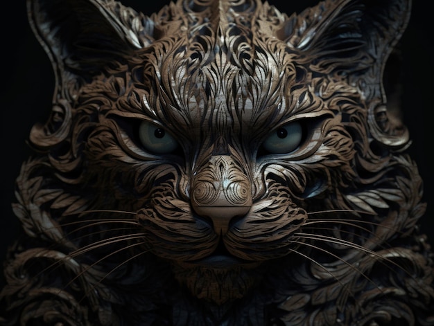 Fechar o retrato de um gato com fundo de elementos de escultura em madeira de ornamento oriental