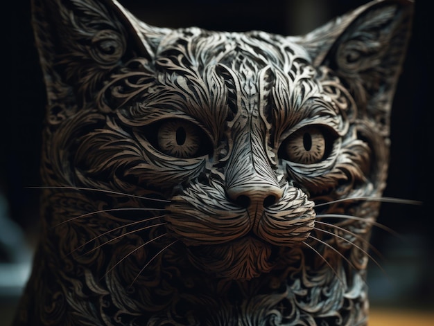 Fechar o retrato de um gato com fundo de elementos de escultura em madeira de ornamento oriental