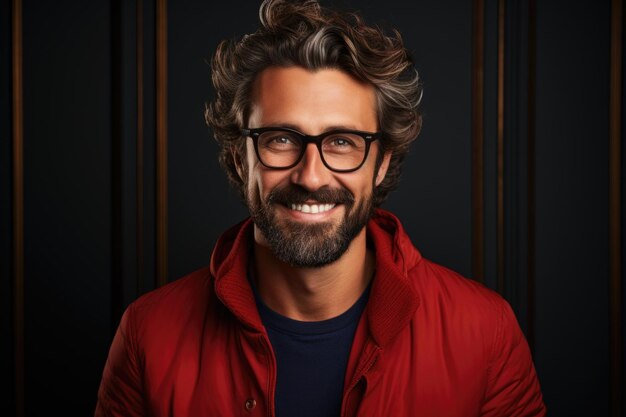 Fechar o retrato de um homem vermelho satisfeito sorrindo e parecendo feliz mostrando um o generativo IA