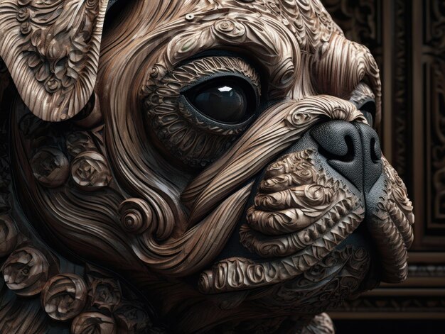 Fechar o retrato de um pug com fundo de elementos de escultura em madeira de ornamento oriental