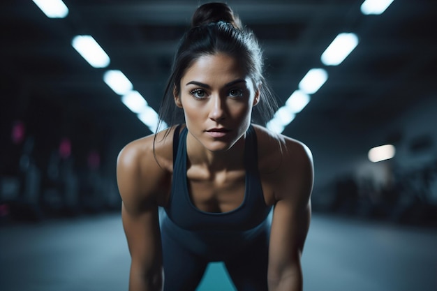 Fechar o retrato de uma mulher esportiva atraente na academia