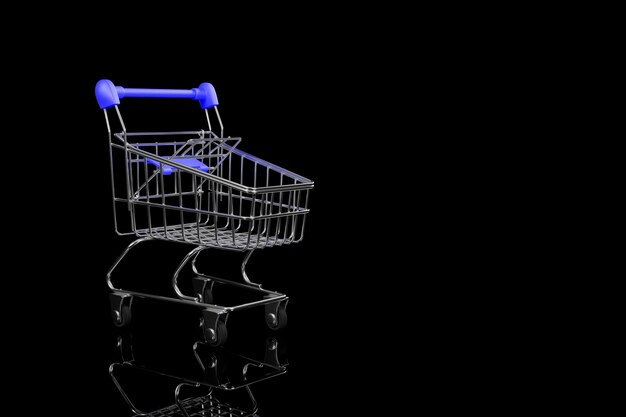 Fechar um carrinho de compras em um fundo preto renderização em 3D