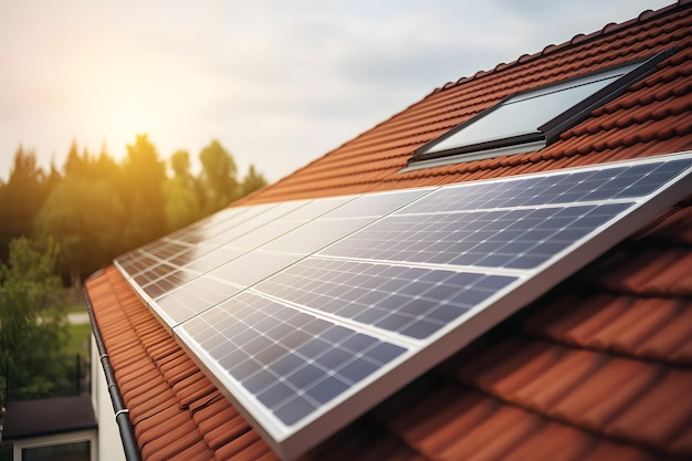 Fechar um novo edifício com painéis solares no telhado Energia sustentável e limpa em casa
