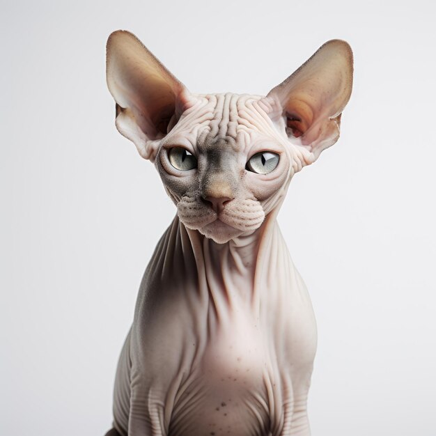 Foto fechar uma foto de estúdio de gato sphynx com fundo branco