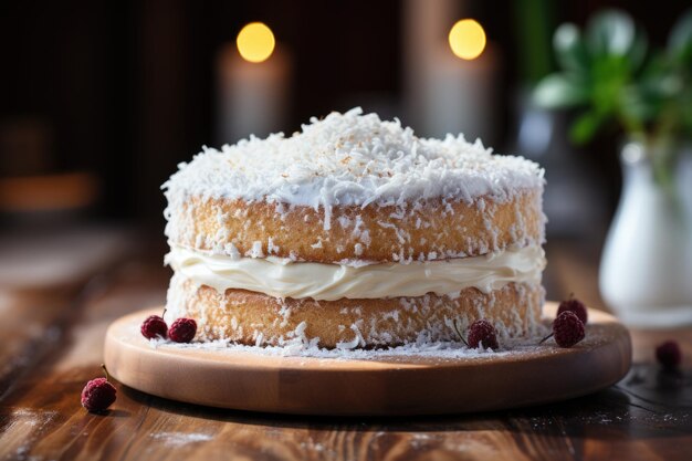 Foto fechar verticalmente um delicioso bolo branco aparece em um fundo branco e um wo generative ia