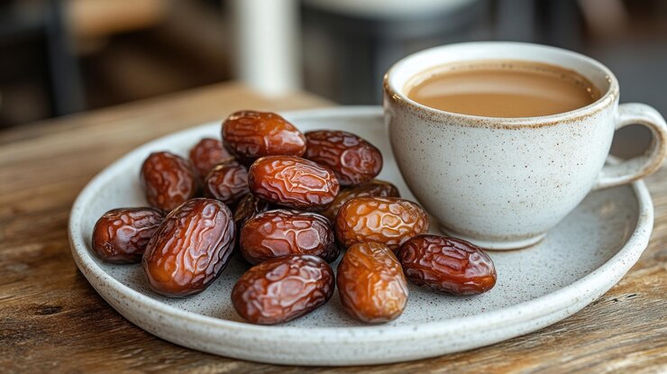 Fechas y café en un plato Fechas frescas y una taza de café en una mesa de madera