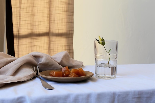 Fechas secas y un vaso de agua en la mesa blanca