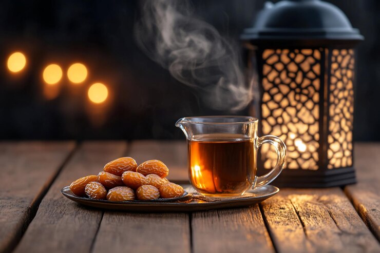Fechas y té con linterna banquete de Ramadán noche cálida vida muerta