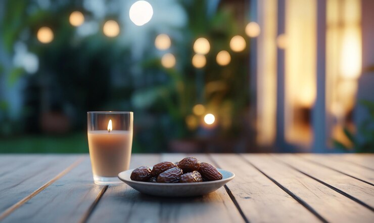 Fechas y velas en el patio por la noche