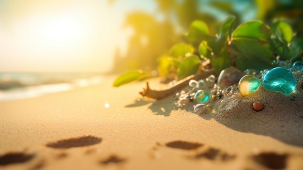 Feche a areia Seascape abstrato verão praia de areia tropical desfoque bokeh luz do mar oceano e céu Generative AI