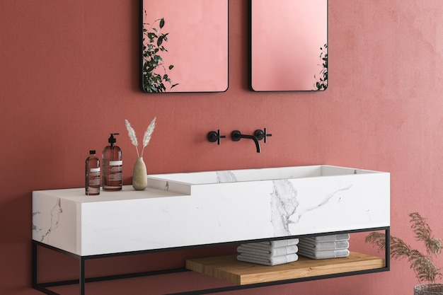 Feche a bacia de mármore branco com dois espelhos pendurados na parede vermelha, armário mínimo com torneira