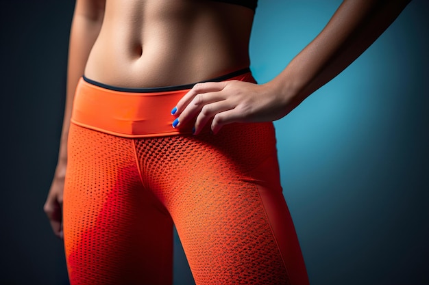 Feche a cintura e os quadris das mulheres atléticas em roupas esportivas de cor laranja para treinamento