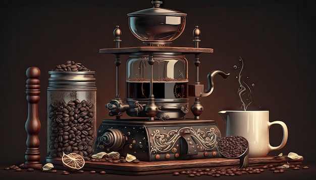 Feche a extração de café ou despeje o café expresso da máquina de café com pôr do sol Generative Ai