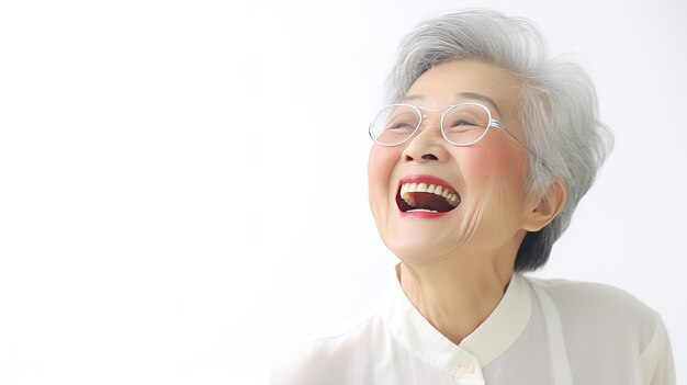 Feche a foto de uma mulher chinesa de 80 anos rindo com doença de Alzheimer em fundo branco