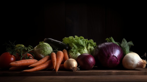 Feche a foto de vegetais orgânicos e frutas saudáveis colocadas sobre uma mesa de madeira escura 2