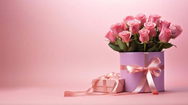 Feche a foto do buquê de flores rosa e caixa de presente embrulhada com fita rosa