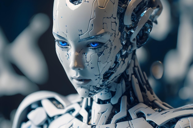 Feche a foto do retrato do robô humanóide incompleto android ai generativo