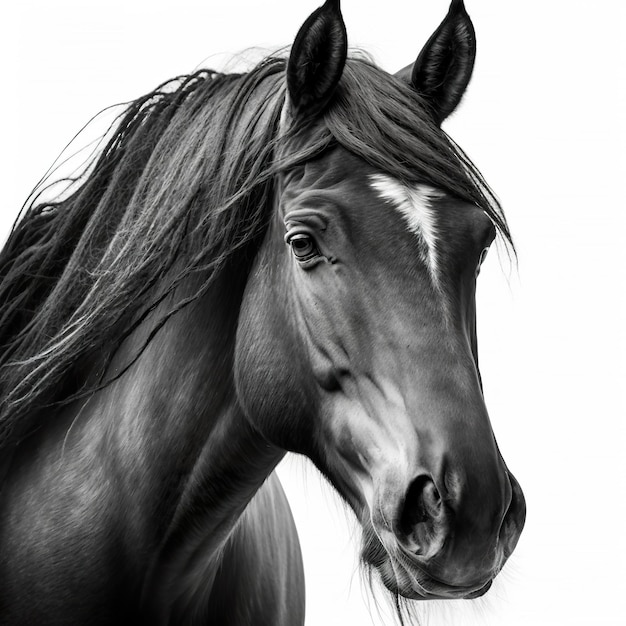 feche a foto preto e branco de um cavalo preto