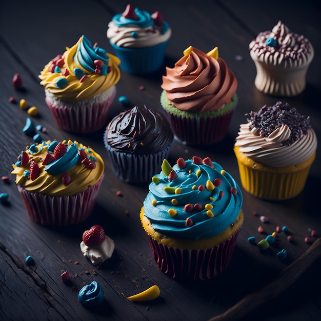 Feche a fotografia de comida de cupcakes, muita comida bem disposta em uma mesa criada com a tecnologia Generative AI