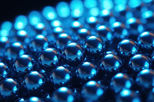 Feche a fotografia macro de bolas metálicas magnéticas iluminadas em azul em uma composição