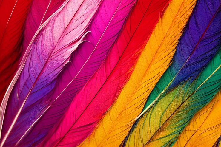 Foto feche a ilustração 2d de fundo de penas coloridas brilhantes