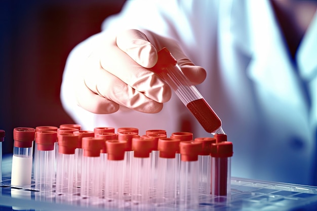 Feche a mão do cientista segurando o tubo de ensaio com amostra de sangue no laboratório